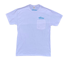 ALVA OG Logo Pocket T- White with Aqua OG Alva logo on pocket