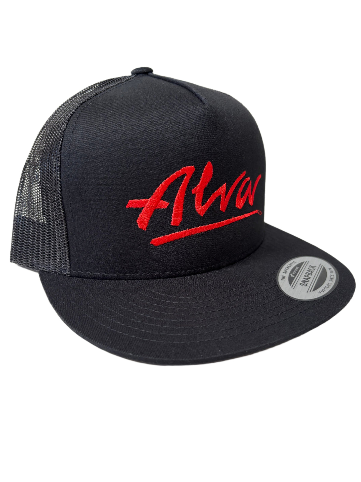 ALVA BLACK MESH SNAP BACK HAT WITH RED EMBROIDERED OG LOGO