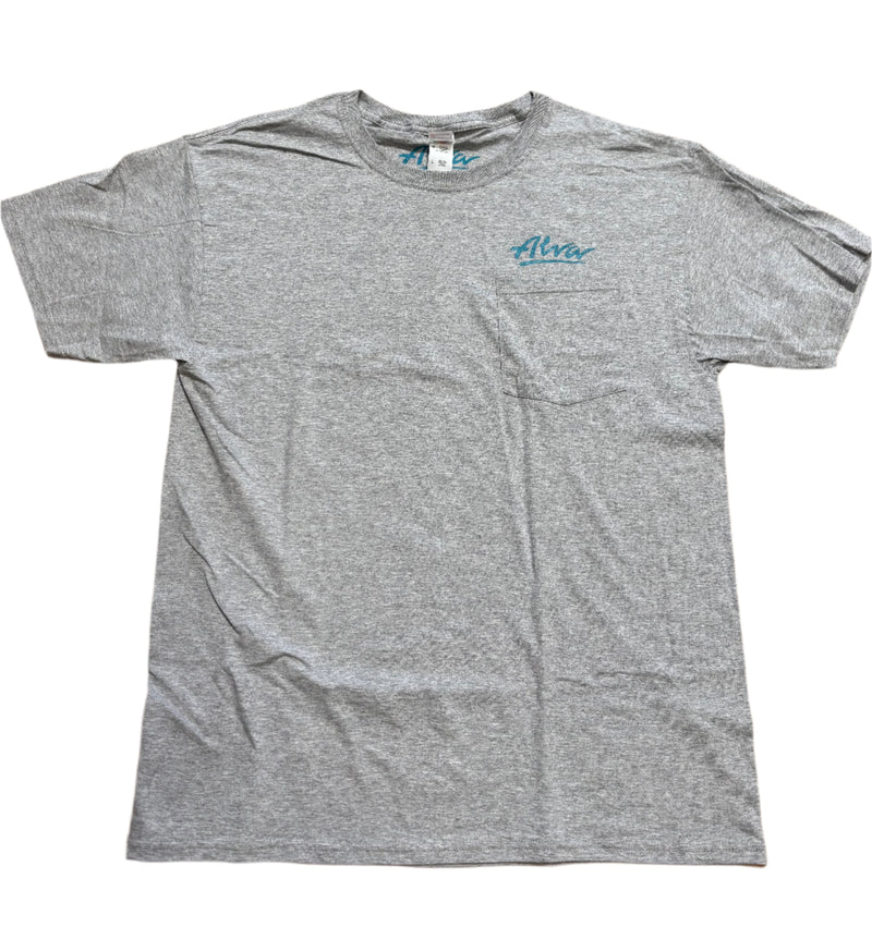 ALVA OG Logo Pocket T- Heather Grey with Aqua OG Alva logo on pocket