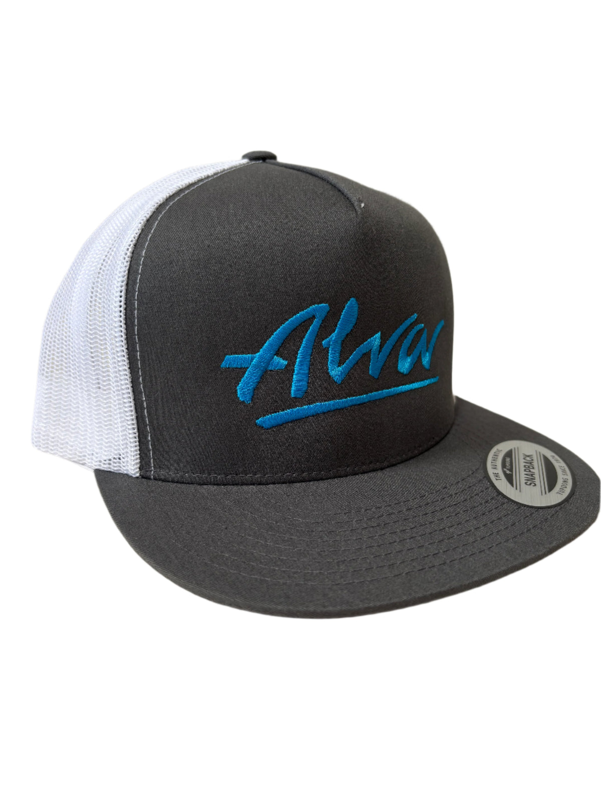 ALVA Grey and White MESH SNAP BACK HAT WITH Light Blue EMBROIDERED OG LOGO