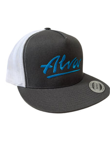ALVA Grey and White MESH SNAP BACK HAT WITH Light Blue EMBROIDERED OG LOGO