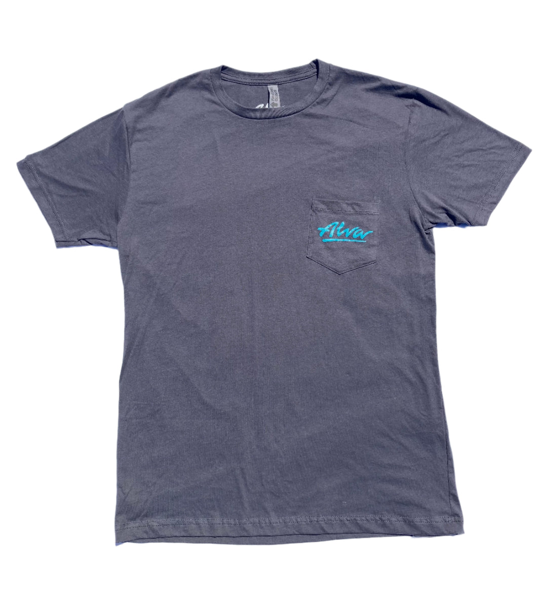 ALVA OG Logo Pocket T- Gunmetal with Teal OG Alva logo on pocket