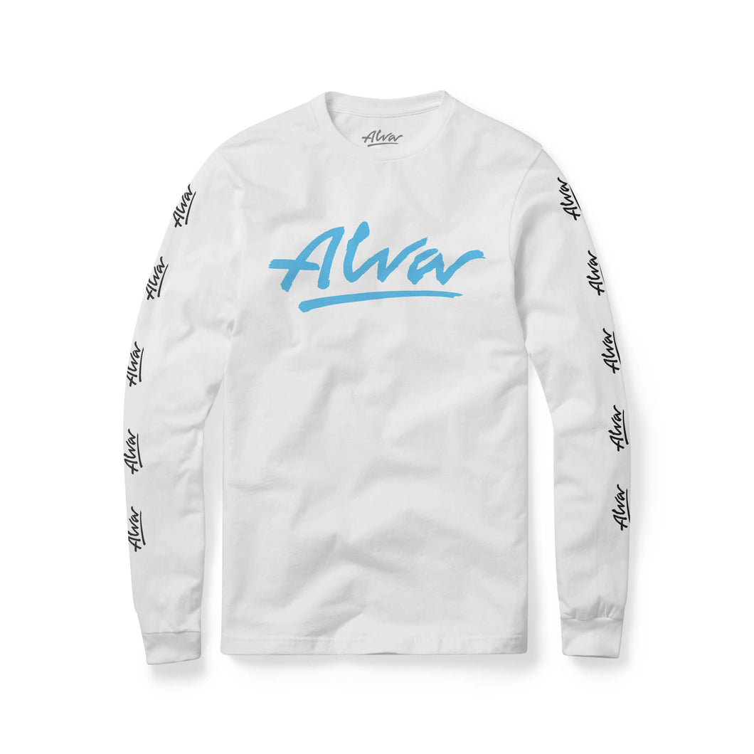 ALVA WHITE LONG SLEEVE T SHIRT w/ Aqua OG Chest logo, and black og logos