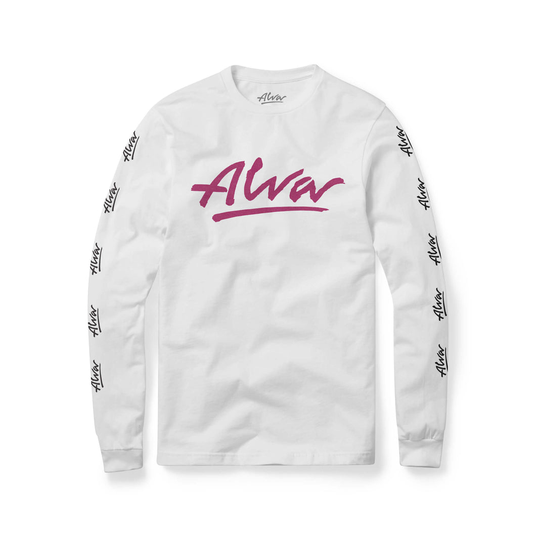 ALVA WHITE LONG SLEEVE T SHIRT w/ Magenta OG Chest logo, and black og logos