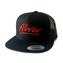 Load image into Gallery viewer, ALVA BLACK MESH SNAP BACK HAT WITH RED EMBROIDERED OG LOGO
