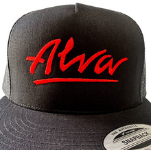 Load image into Gallery viewer, ALVA BLACK MESH SNAP BACK HAT WITH RED EMBROIDERED OG LOGO
