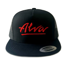 Load image into Gallery viewer, ALVA BLACK MESH SNAP BACK HAT WITH RED EMBROIDERED OG LOGO
