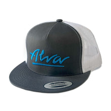 Load image into Gallery viewer, ALVA Grey and White MESH SNAP BACK HAT WITH Light Blue EMBROIDERED OG LOGO
