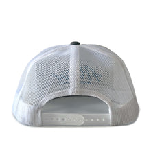 Load image into Gallery viewer, ALVA Grey and White MESH SNAP BACK HAT WITH Light Blue EMBROIDERED OG LOGO
