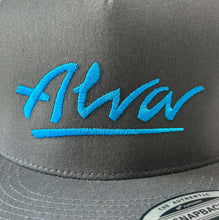 Load image into Gallery viewer, ALVA Grey and White MESH SNAP BACK HAT WITH Light Blue EMBROIDERED OG LOGO
