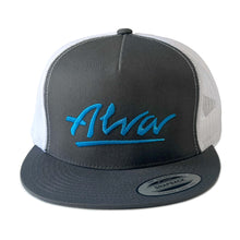 Load image into Gallery viewer, ALVA Grey and White MESH SNAP BACK HAT WITH Light Blue EMBROIDERED OG LOGO
